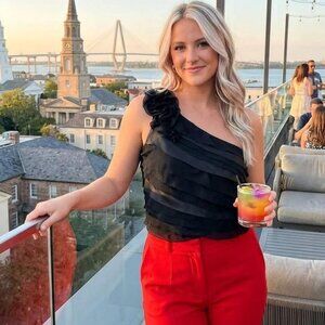 White House/Black Market Black Ruffle One Shoulder Top w/Flower Size-14 NWT $108